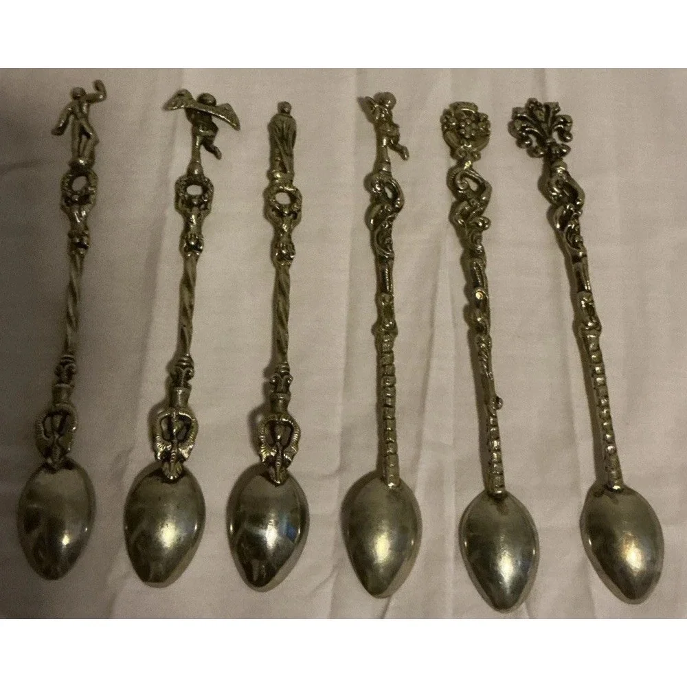 6Pc Montagnani Style Italy Stamped Figural‎ Demitasse Spoons Ornate Vintage